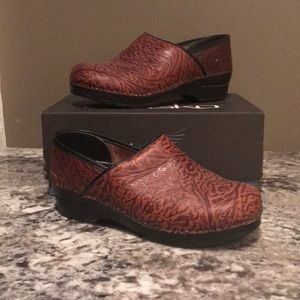 Brown Tooled Leather Dansko Clogs